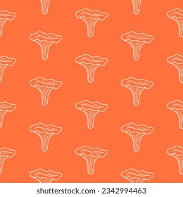 Seamless pattern of doodle chanterelle mushrooms on isolated background. Hand drawn background for Autumn harvest holiday, Thanksgiving, Halloween, seasonal, textile, scrapbooking, paper crafts