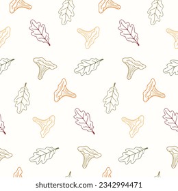 Seamless pattern of doodle chanterelle mushrooms and oak leaves on isolated background. Hand drawn background for Autumn holiday, Thanksgiving, Halloween, seasonal, textile, scrapbooking, paper crafts