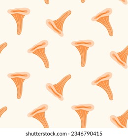 Seamless pattern of doodle chanterelle mushrooms on isolated background. Hand drawn background for Autumn harvest holiday, Thanksgiving, Halloween, seasonal, textile, scrapbooking, paper crafts