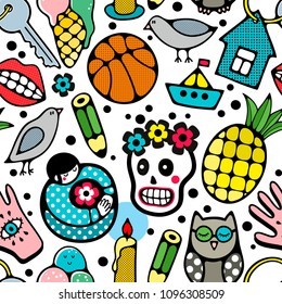 Seamless pattern with doodle characters and objects. Vector style illustration. Colorful wallpaper.