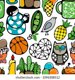 Seamless pattern with doodle characters and objects. Vector style illustration. Colorful wallpaper.