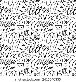 Seamless pattern with doodle charcoal lines, marks and strokes. Hand drawn curly lines, spirals, arrows and various dots. Childish style drawing. Simple vector childish scribble strokes and marks.