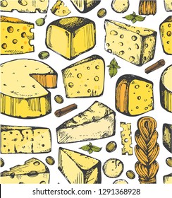 Seamless pattern with  doodle cheese on the white background