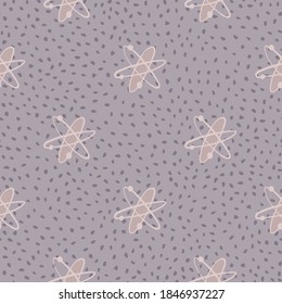 Seamless pattern with doodle chemistry atom silouettes. Pastel purple dotted background. Education print. Decorative backdrop for fabric design, textile print, wrapping, cover. Vector illustration.