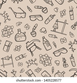 seamless pattern doodle chemistry laboratory equipment science contour image wallpaper background molecule flask pipettes