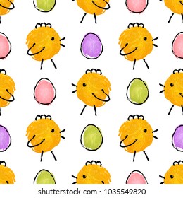 Seamless pattern with doodle chicken and color eggs. Child drawing imitation. Ink strokes. Vector illustration. Happy Easter texture