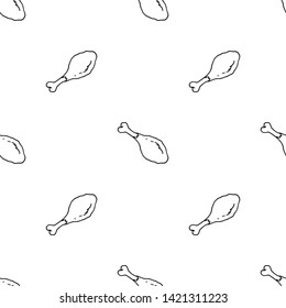 Seamless pattern doodle chicken leg icon. Hand drawn black sketch. Sign symbol. Decoration element.  Isolated on the white background. Flat design. Vector illustration.