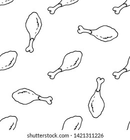 Seamless pattern doodle chicken leg icon. Hand drawn black sketch. Sign symbol. Decoration element.  Isolated on the white background. Flat design. Vector illustration.
