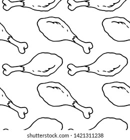 Seamless pattern doodle chicken leg icon. Hand drawn black sketch. Sign symbol. Decoration element.  Isolated on the white background. Flat design. Vector illustration.