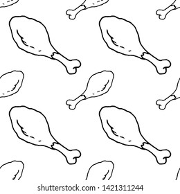 Seamless pattern doodle chicken leg icon. Hand drawn black sketch. Sign symbol. Decoration element.  Isolated on the white background. Flat design. Vector illustration.