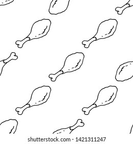 Seamless pattern doodle chicken leg icon. Hand drawn black sketch. Sign symbol. Decoration element.  Isolated on the white background. Flat design. Vector illustration.