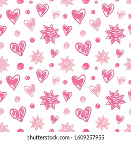 Seamless pattern in doodle childish style. Vector background with hearts, dots and stars.