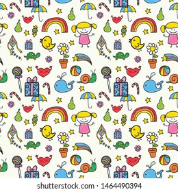 Seamless pattern with doodle children drawing. Vector illustration for your graphic design.