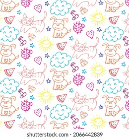 Seamless pattern with doodle children drawing. Clouds, dogs, cats, hearts and stars linear style. Vector illustration.