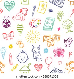 Seamless Pattern With Doodle Children Drawing. 