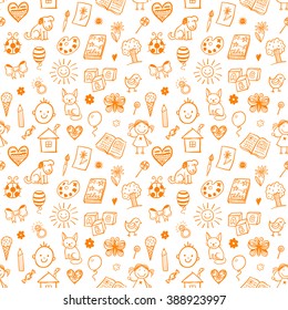 Seamless Pattern With Doodle Children Drawing. 