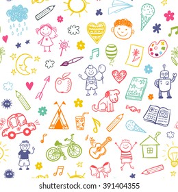 Seamless pattern with doodle children drawing. 