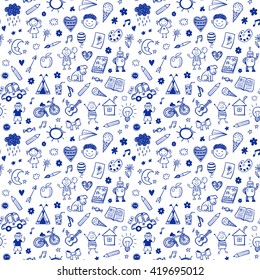 Seamless pattern with doodle children drawing. Hand drawn funny background