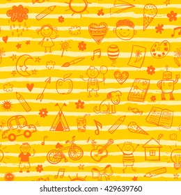 Seamless pattern with doodle children drawing. Hand drawn funny background
