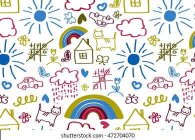 Seamless pattern with doodle children drawing. Vector illustration for your graphic design.