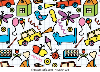 Seamless pattern with doodle children drawing. Vector illustration for your graphic design.