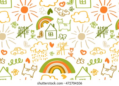 Seamless pattern with doodle children drawing. Vector illustration for your graphic design.