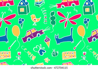 Seamless pattern with doodle children drawing. Vector illustration for your graphic design.