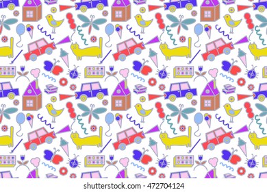 Seamless pattern with doodle children drawing. Vector illustration for your graphic design.