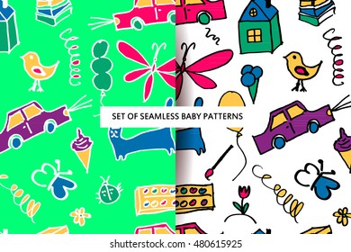 Seamless pattern with doodle children drawing. Vector illustration for your graphic design.