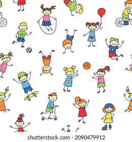 Seamless pattern with doodle children. Hand drawn funny little kids play, run and jump. Color cute children drawing. Vector illustration in doodle style on white background.
