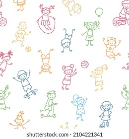 Seamless pattern with doodle children. Hand drawn funny little kids play, run and jump. Color cute children crayon drawing. Vector illustration in doodle style on white background.