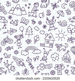 Seamless pattern with doodle children, house, sun and bike. Hand drawn funny little kids play, run and jump. Cute children drawing. Vector illustration in doodle style on squared notebook background.
