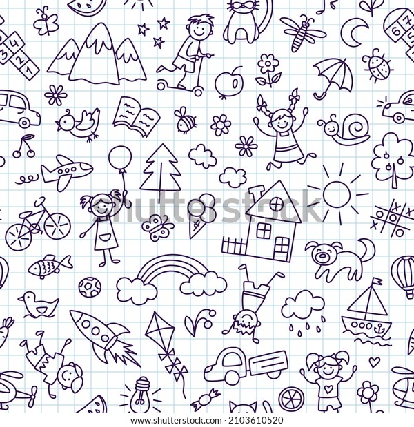 Seamless pattern with doodle children, house,\
sun and bike. Hand drawn funny little kids play, run and jump. Cute\
children drawing. Vector illustration in doodle style on squared\
notebook background.