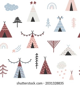 Seamless pattern with doodle children wigwam illustrations, trees, rainbows and star. Pastel colors on white background. For prints, backgrounds, wrapping paper, textile, linen, wallpaper, etc. 
