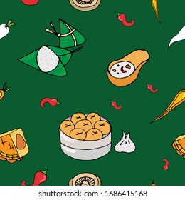Seamless pattern with doodle chinese food on green background: rice, leaf, sauce, carrot, wontons, soy sauce, Mooncake, Zongzi, mushroom