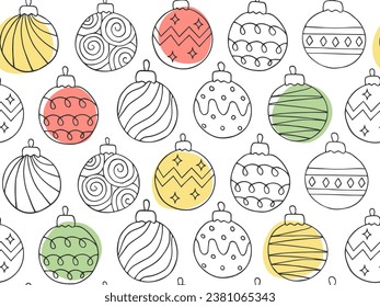 Seamless pattern of doodle Christmas balls. Hand drawn outline festive circle bauble background. Xmas decoration for design of wrapping paper, fabric, wallpaper, banner