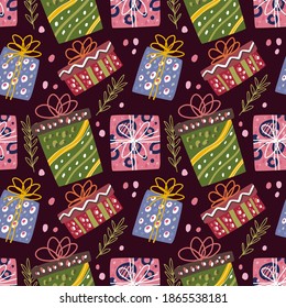 Seamless pattern Doodle of christmas box element, birthday box. Can use for fabric etc