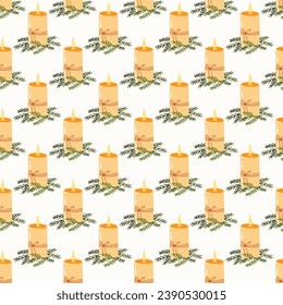 Seamless pattern of doodle Christmas candles and fir branches on isolated background. Holiday design for Christmas home decor, holiday greetings, Christmas and New Year celebration. 