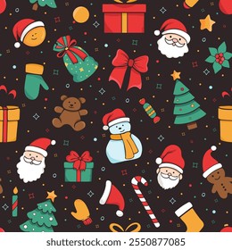 Seamless pattern with doodle Christmas elements. Endless background for kids with Santa, Christmas tree, snowman. Christmas print for wrapping paper, Christmas cards, scrapbooking