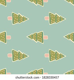 Seamless pattern with doodle christmas fir tree cookie shapes. Green forest delicious print on blue background. Perfect for wallpaper, textile, wrapping paper, fabric print. Vector illustration.