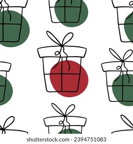 Seamless pattern Doodle Christmas gift. Box with a bow