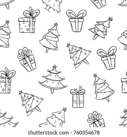seamless pattern of doodle christmas tree with gift box