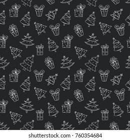 seamless pattern of doodle christmas tree with gift box on black background