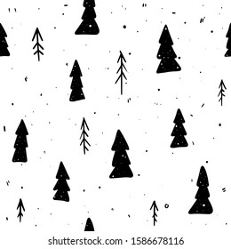 Seamless pattern with doodle christmas trees. Great for fabric, textile, wrapping paper. Vector Illustration. Hand drawn Christmas tree background. Seamless pattern for New Year 2020