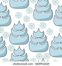Seamless pattern with doodle Christmas trees and snowflakes of gentle blue color on a white background, winter Christmas forest vector illustration for design