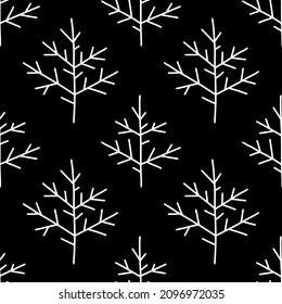 Seamless pattern with doodle Christmas trees. Scandinavian winter background of simple lagom fir trees. Vector ink texture for fabrics, wrapping paper and your creativity