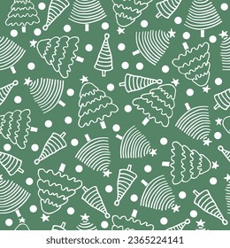 Seamless pattern with doodle Christmas trees on a green background. Christmas pattern for gifts. Christmas trees with snowballs. Flat vector illustration