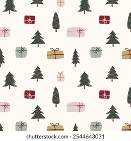 Seamless pattern with doodle Christmas trees and presents background. Christmas pattern trees and gift design for wrap paper. Christmas flat vector illustration. Christmas wrap paper.