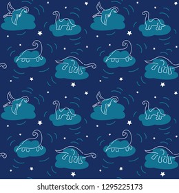 Seamless pattern with doodle clouds and cute dinosaurs, for prints, designs . Vector  illustration