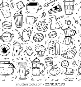 Seamless pattern with doodle coffee items as coffee makers, cups, bakery, milk, cookies, croissant, donut, macaron for wrapping paper, textile, print, poster menu